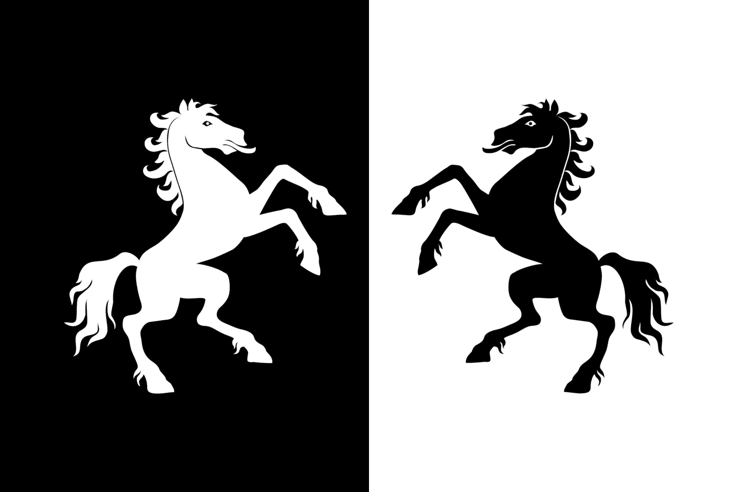 Flag Of Nova Vaasa, a black and white horse on a split field.